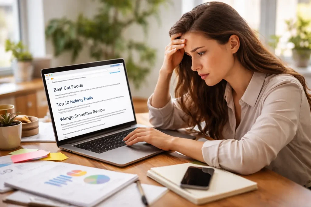 Frustrated woman reviewing irrelevant search results