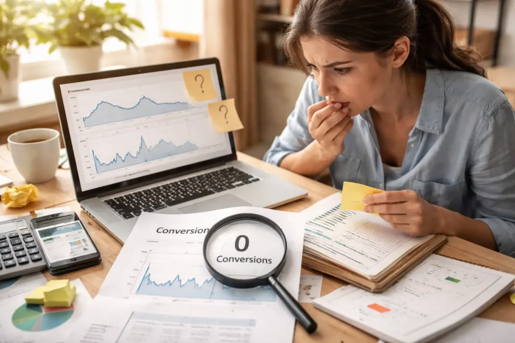 Woman analyzing declining marketing conversion data