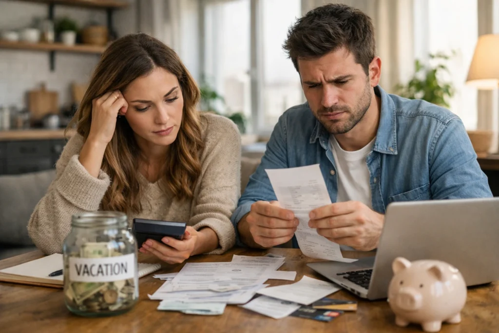 Couple reviewing expenses with financial stress at home