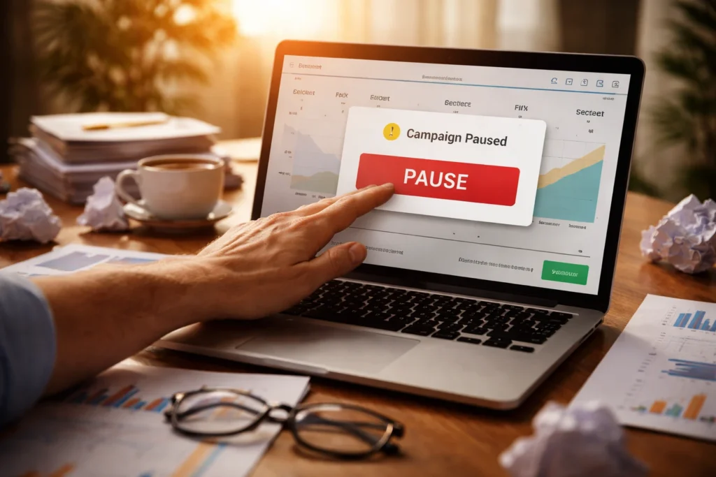 Marketer pausing ad campaign on laptop