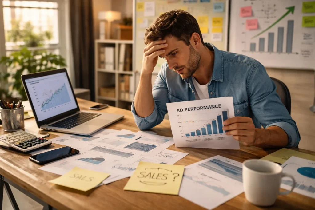 Stressed marketer reviewing ad performance report