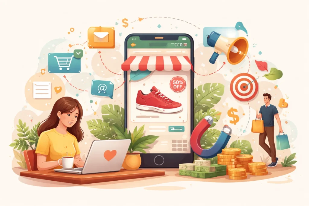 Person browsing targeted online shopping ads digitally