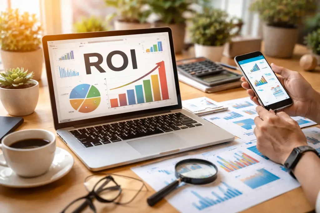 ROI analytics dashboard on laptop and phone