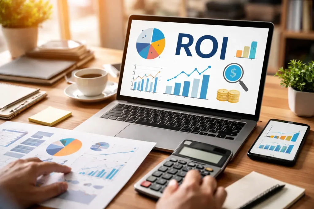 Professional workspace analyzing ROI data charts