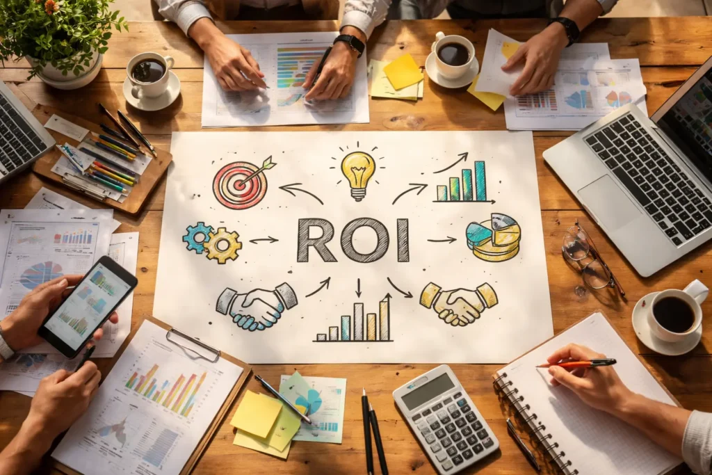 Workspace illustrating ROI and business factors