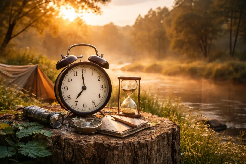 Alarm clock and hourglass at sunrise