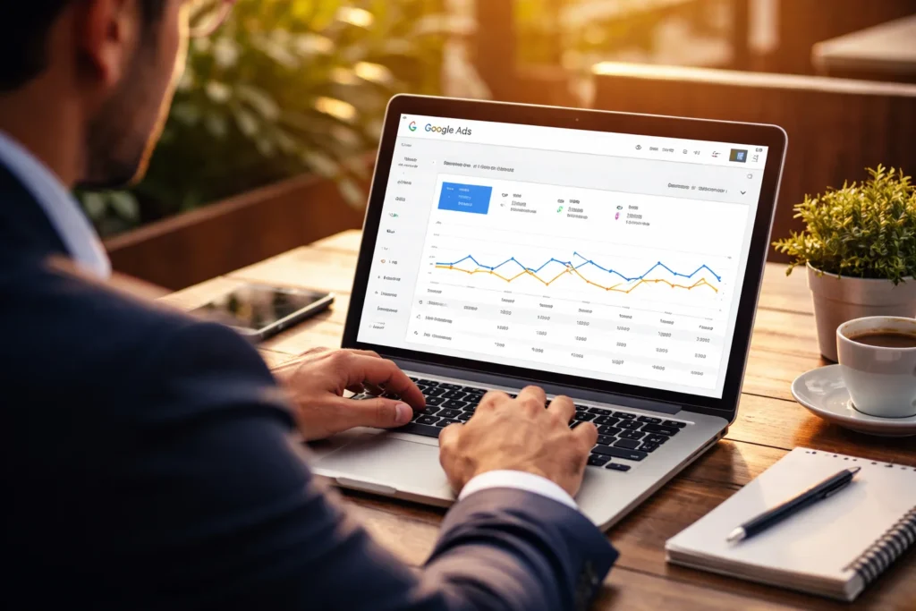Businessman analyzing Google Ads performance metrics