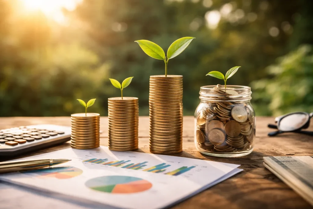 Growing plants from stacked coins symbolize steady returns