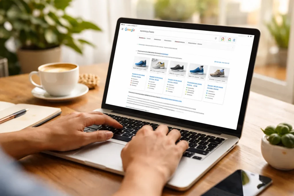 Person viewing search ads on laptop screen