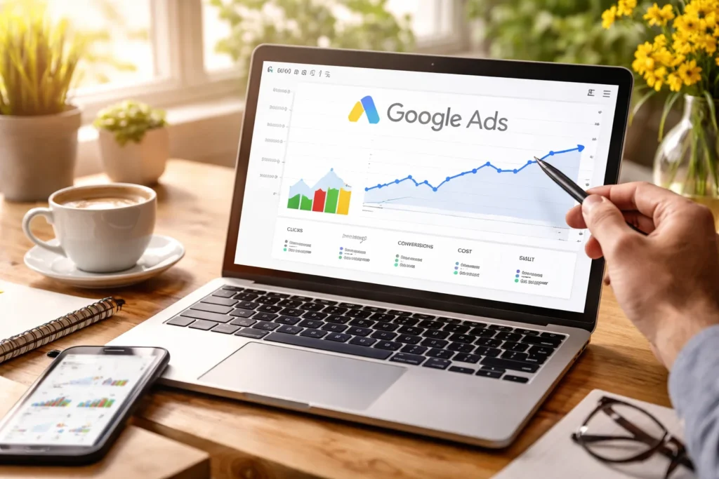 Laptop showing rising Google Ads performance metrics