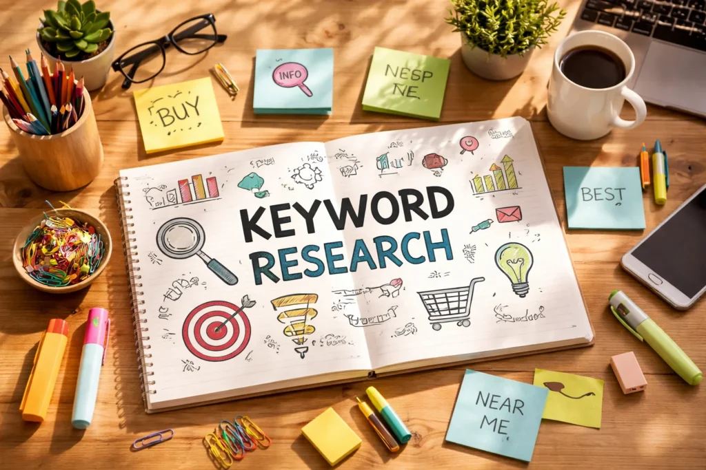 Keyword research notes on desk