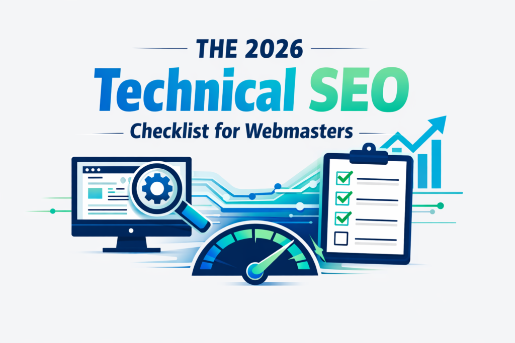 The 2026 Technical SEO checklist illustration showing website performance, crawl optimization, and site speed elements in navy blue and cyan colors.