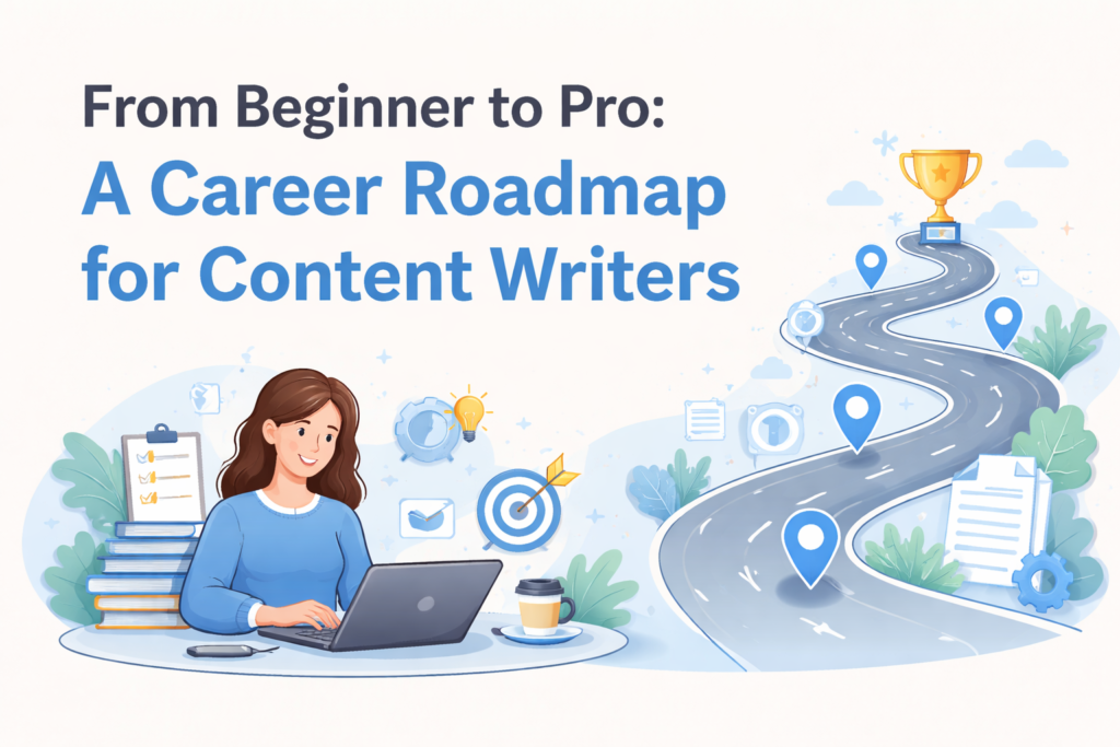 Career progression chart for content writers, featuring growth stages from entry-level to professional.