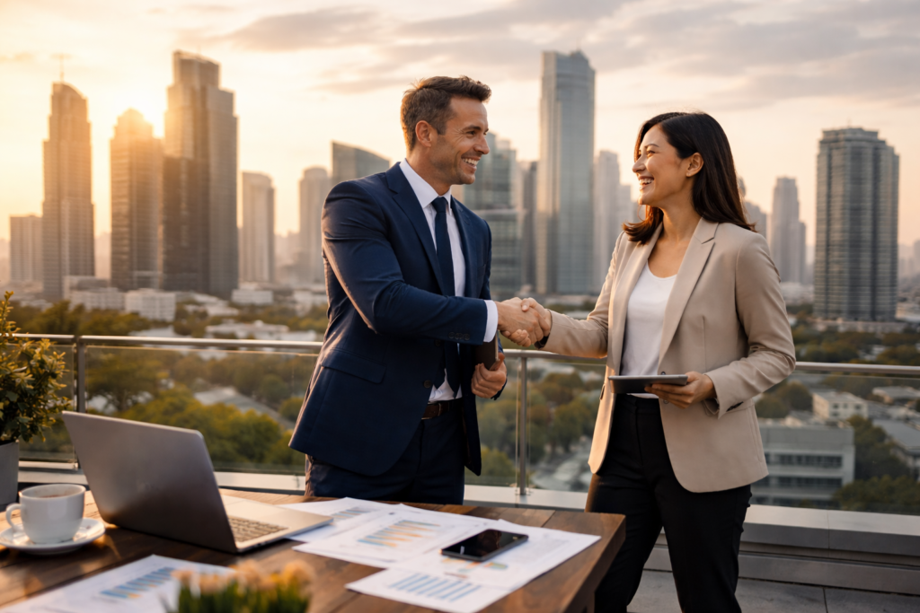 Business professionals handshake at sunset rooftop