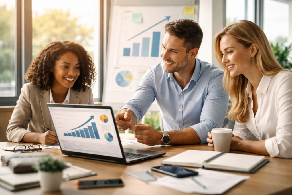 Team reviewing revenue growth analytics together