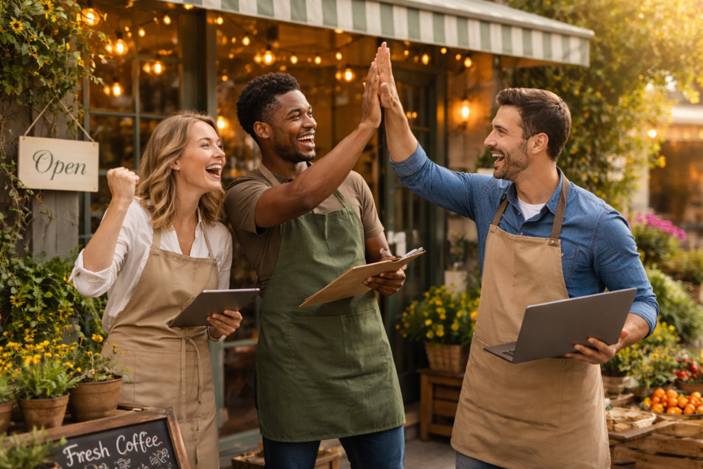 Small business owners celebrating outside storefront