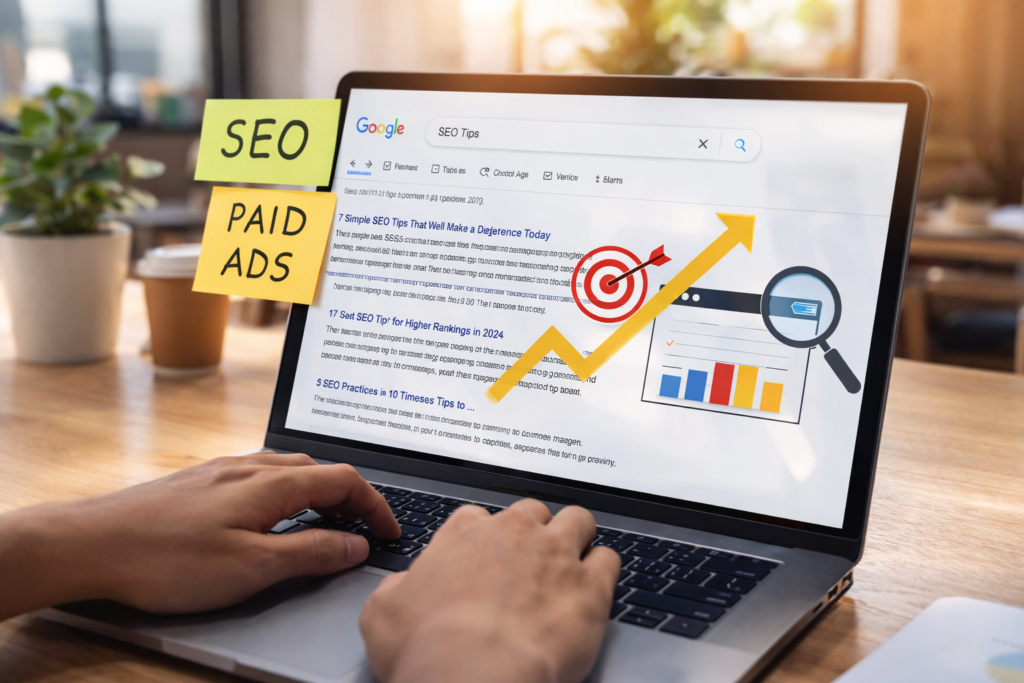 Laptop showing SEO search and analytics