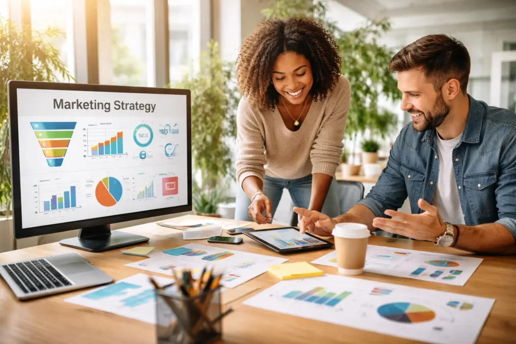 Marketing team analyzing digital growth data