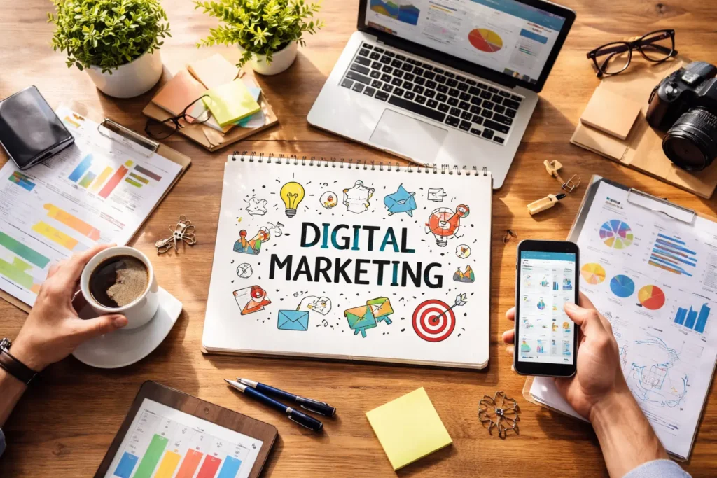 Digital marketing analytics workspace desk setup