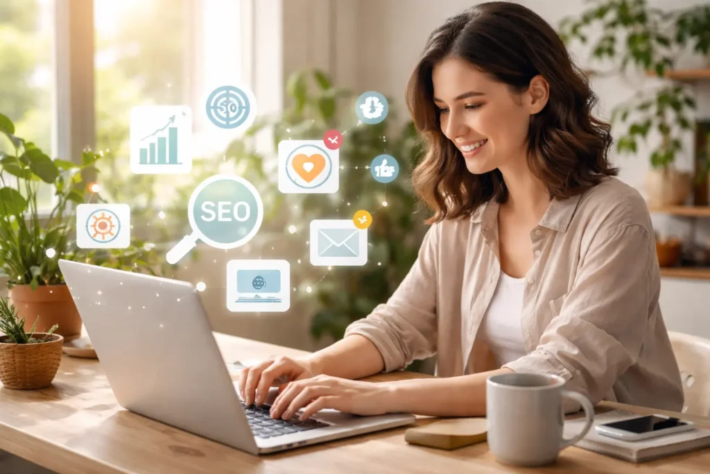 Professional woman analyzing SEO on laptop