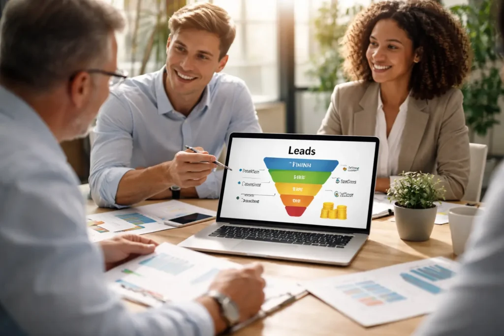 Team analyzing leads on laptop chart