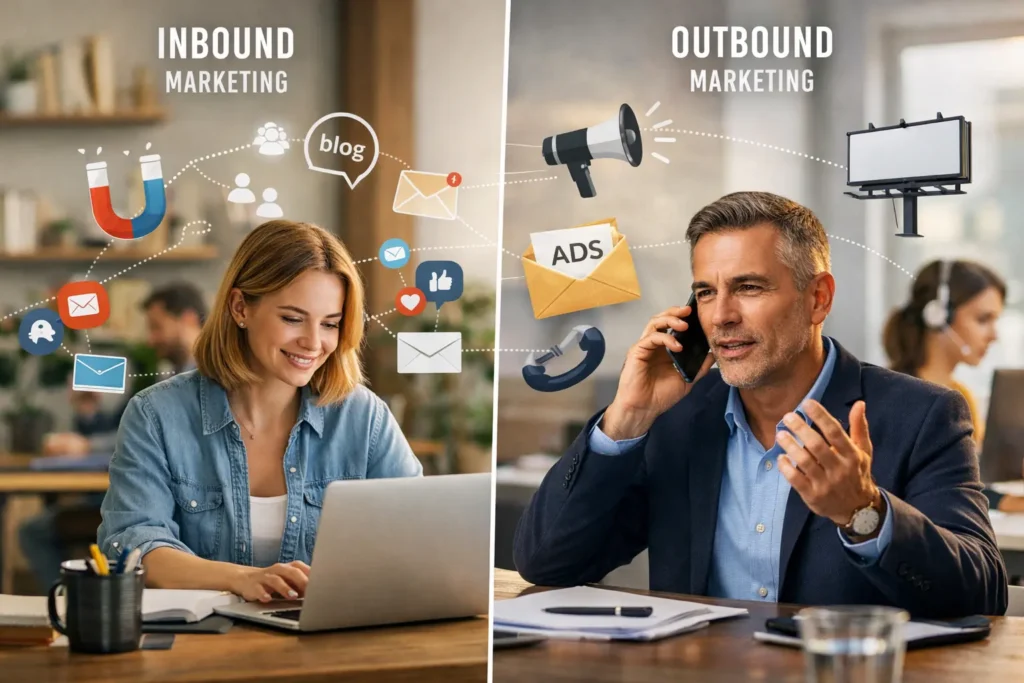 Inbound vs outbound marketing office comparison
