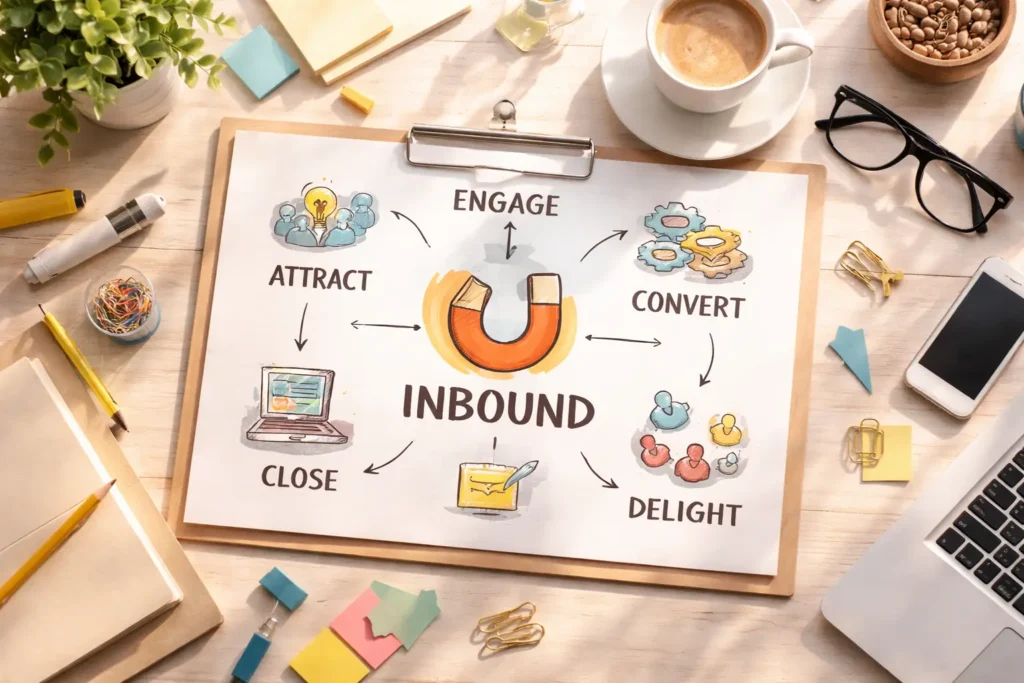 Inbound marketing diagram on desk flat lay
