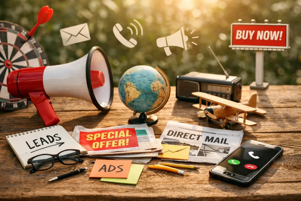 Traditional outbound marketing tools on table