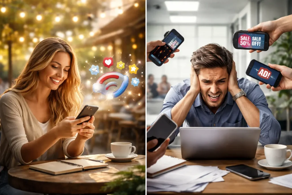 Attraction vs interruption marketing visual contrast