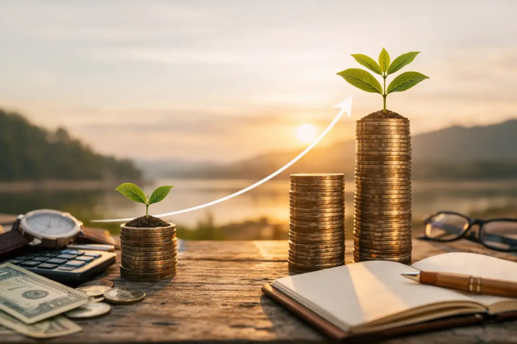 Stacks of coins showing growth over time