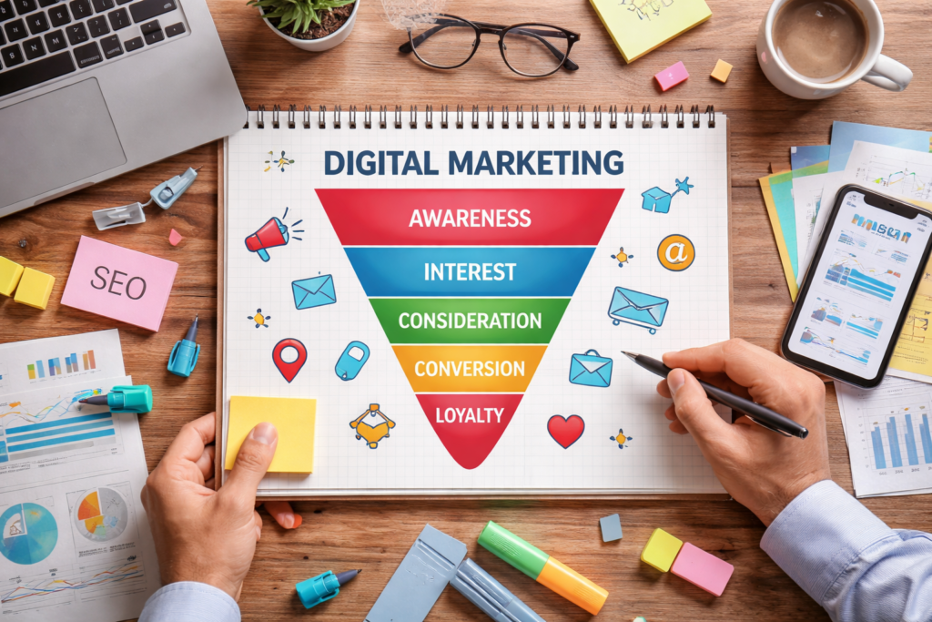 Digital marketing funnel planning on workspace desk