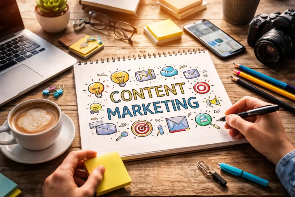 Creative desk with content planning sketch