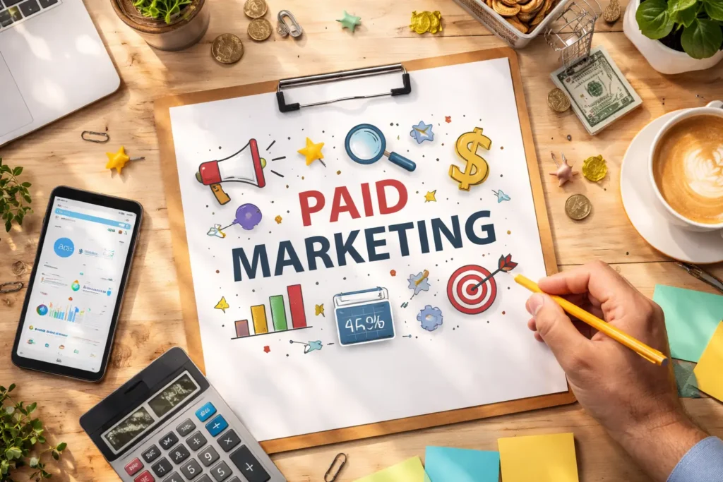 Desk setup showing paid marketing tools.