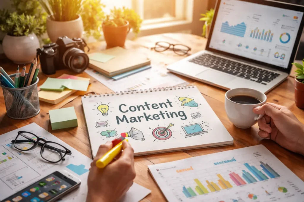 Content marketing planning workspace with analytics