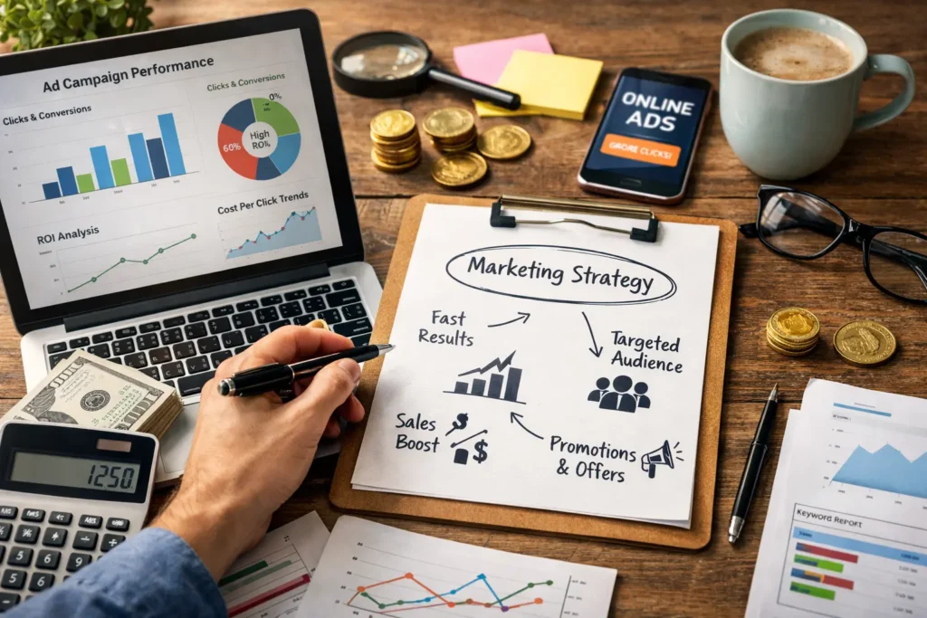 Digital marketing strategy planning workspace scene