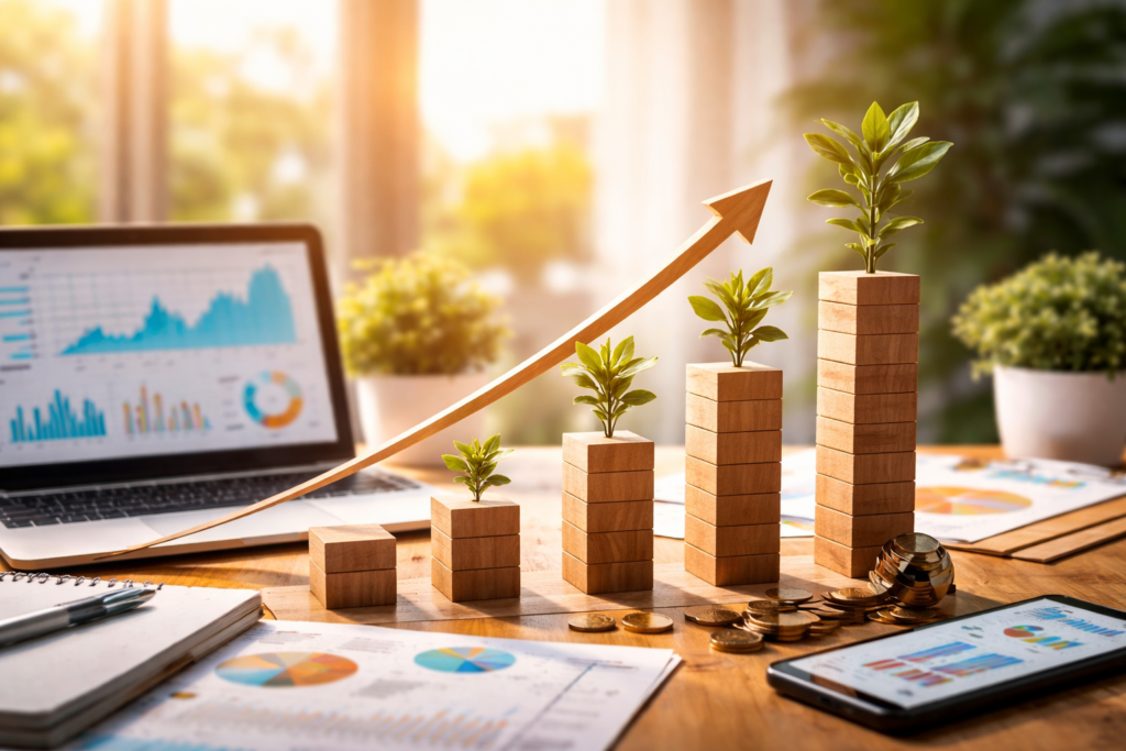 Three-year marketing growth visual with rising performance