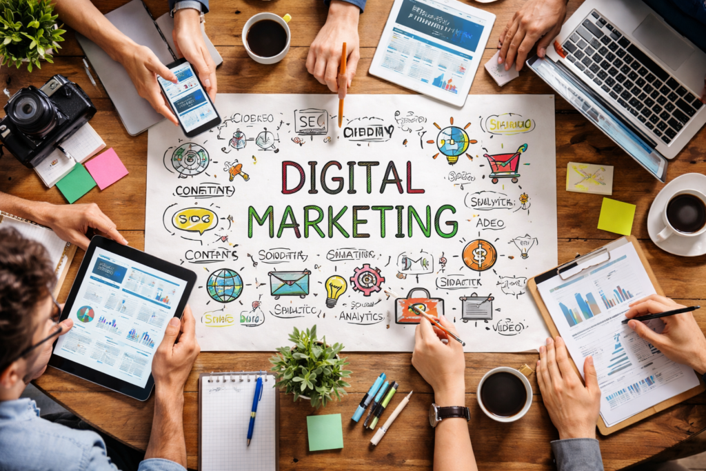 Team reviewing digital marketing strategy charts