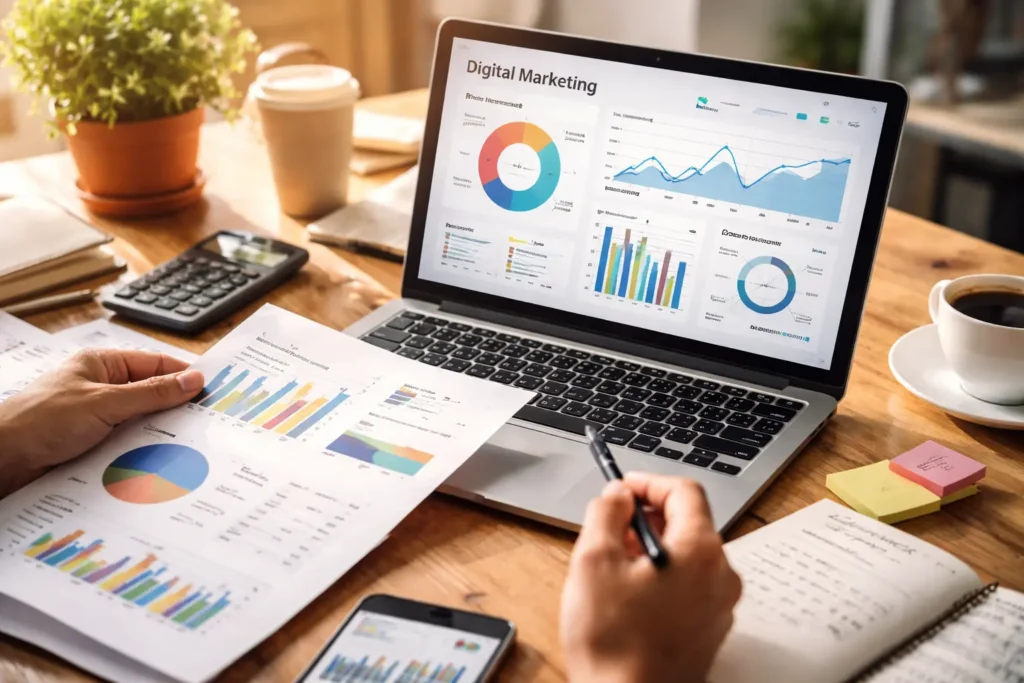 Digital marketing analytics workspace on laptop