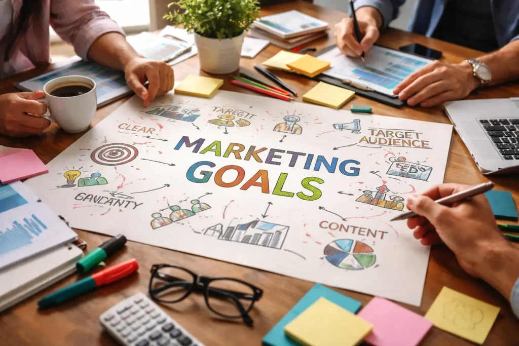 Team brainstorming marketing goals on wooden table