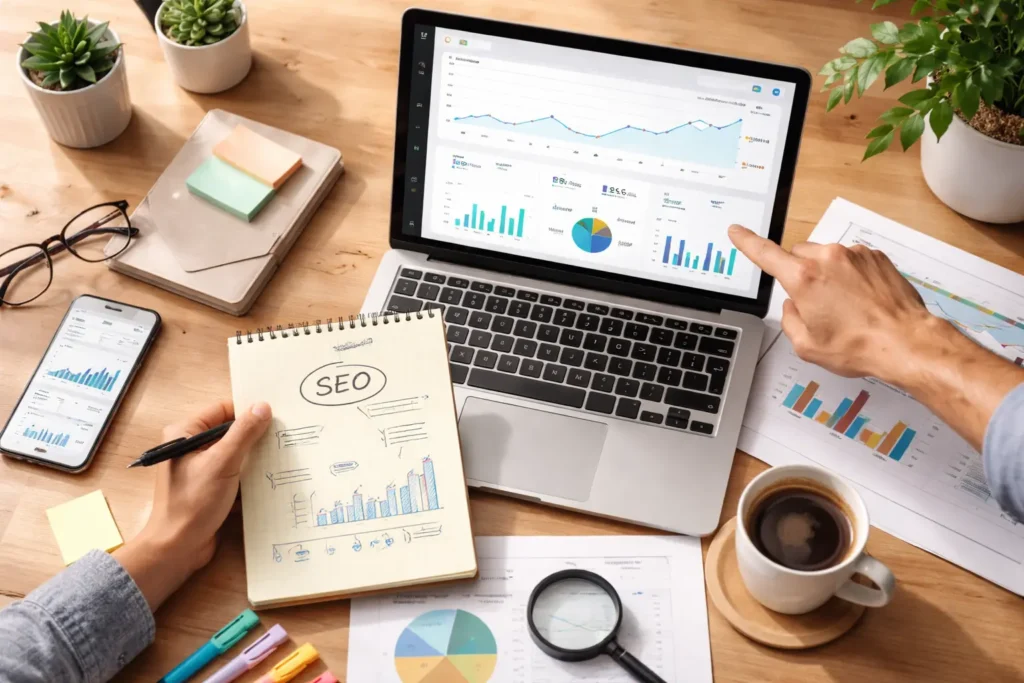 SEO analytics dashboard with performance charts