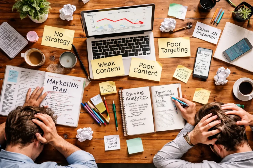 Cluttered desk with declining marketing analytics