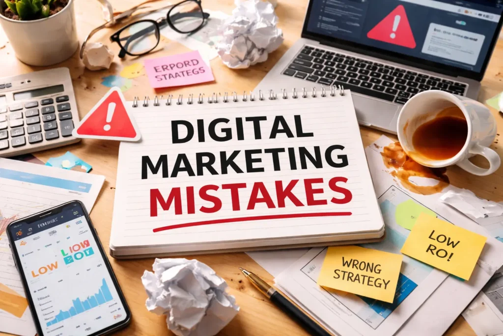 Cluttered desk showing digital marketing errors