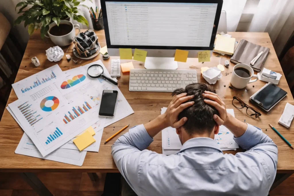 Cluttered desk, overwhelmed worker ignoring data