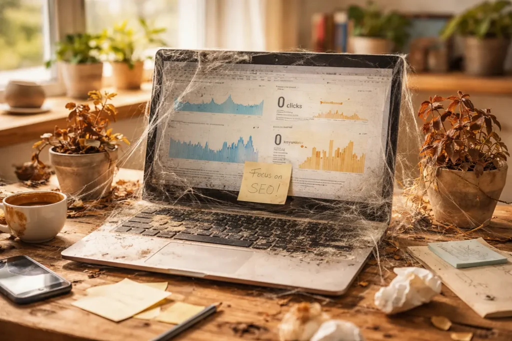 Dusty laptop showing neglected SEO performance