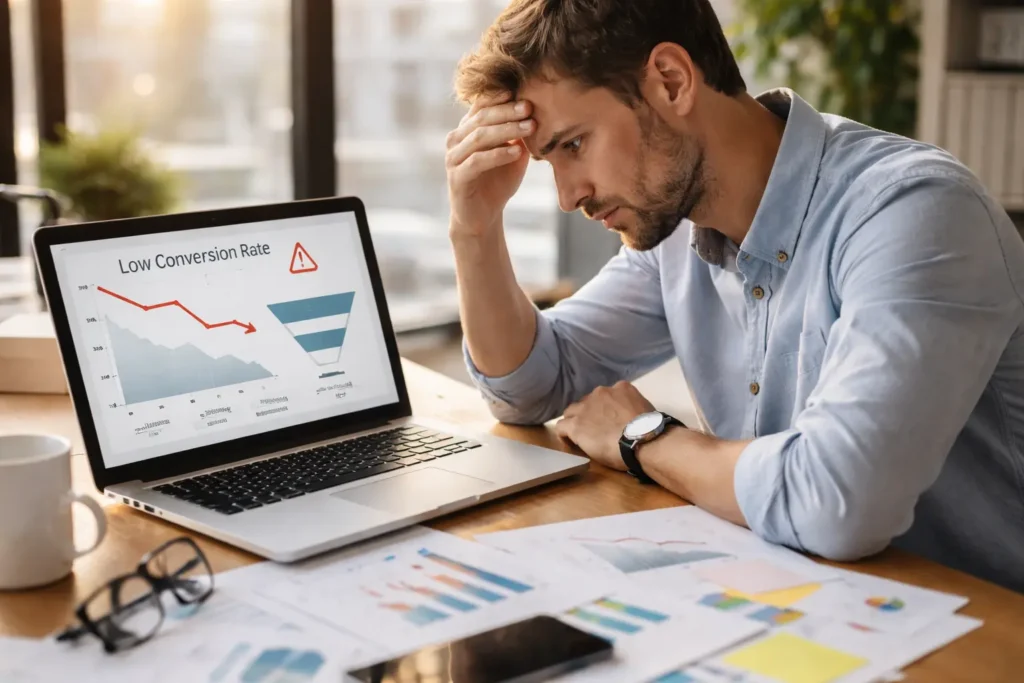 Man analyzing declining conversion rate data
