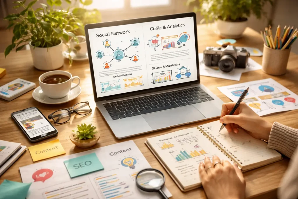 Digital marketing workspace with analytics laptop