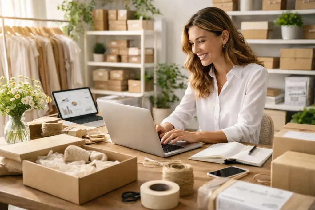 Woman managing online store orders at desk
