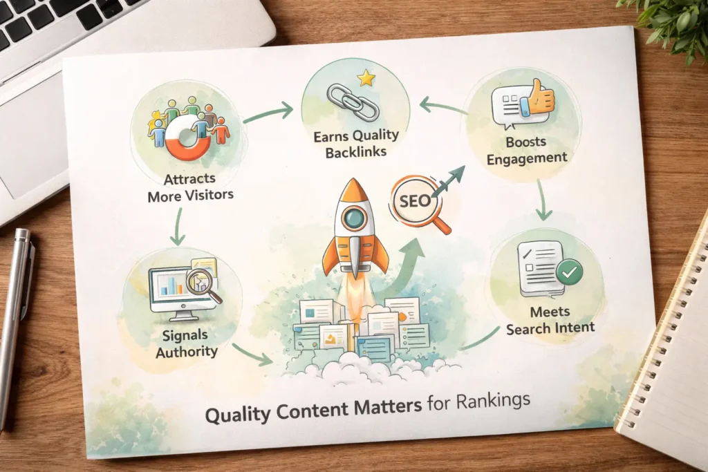 Quality content drives SEO and engagement infographic