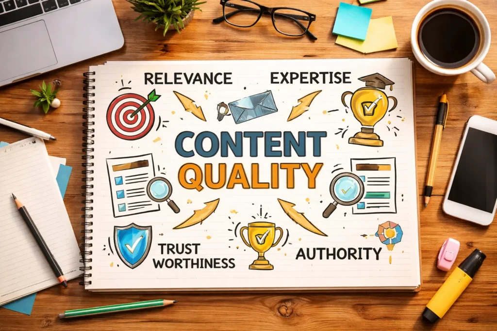 Search engine content quality evaluation workspace illustration