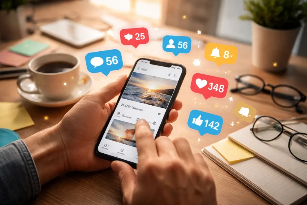 Audience interacting with social media on smartphone